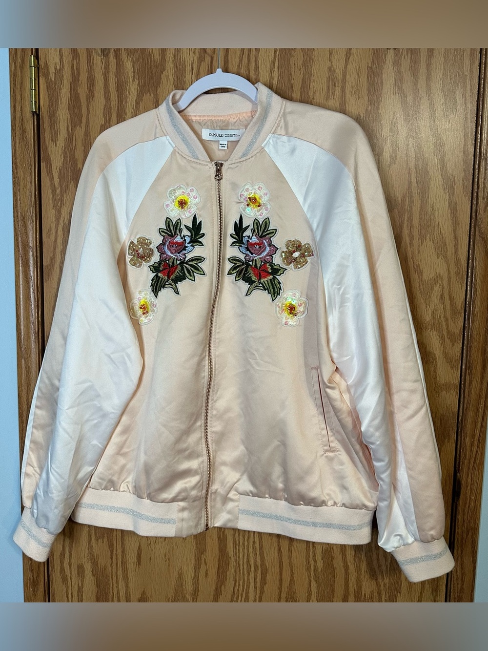 Satiny Pink and White Jacket with Embroidered, Sequined and Beaded Floral Sz 16